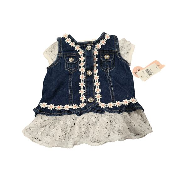 NEW NWT Baby Girl Little Lass Denim Vest w/ Lace Accented Tee | Size 6-9 Months - Picture 1 of 6